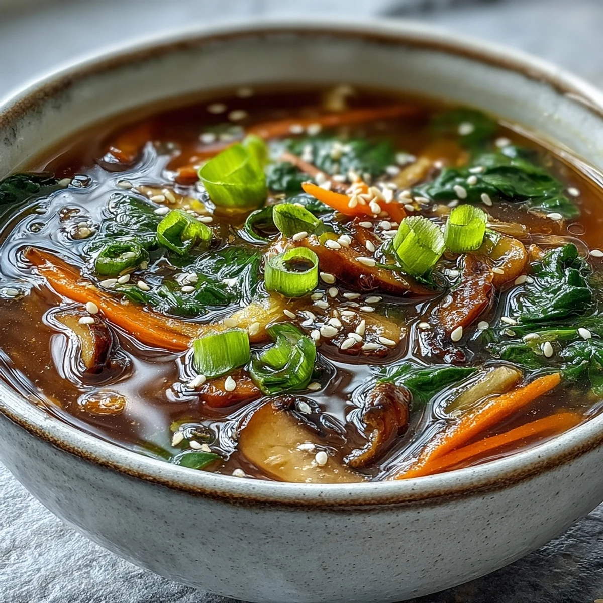 A close-up of vibrant vegetables swimming in golden broth for Miso Ginger Winter Soup.