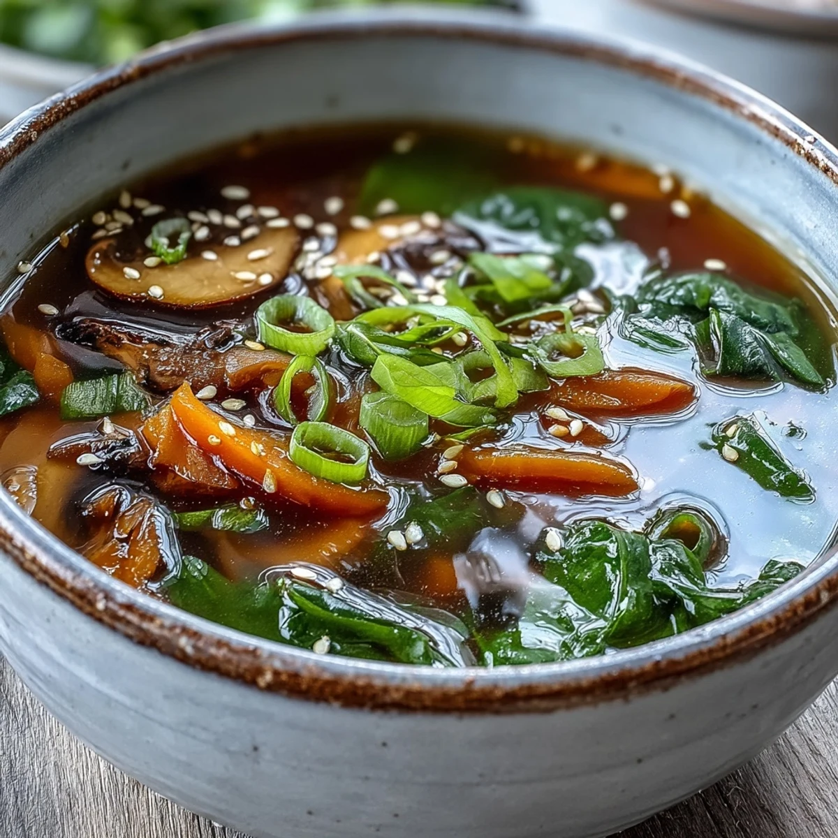 Miso Ginger Winter Soup served in rustic bowls with fresh cilantro garnish.