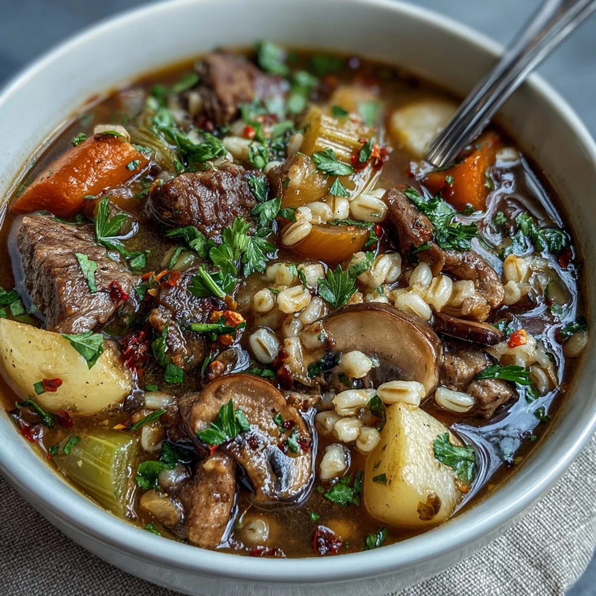 A warm bowl of Vegetable Beef, Barley, and Mushroom Soup garnished with fresh parsley, ready to enjoy.