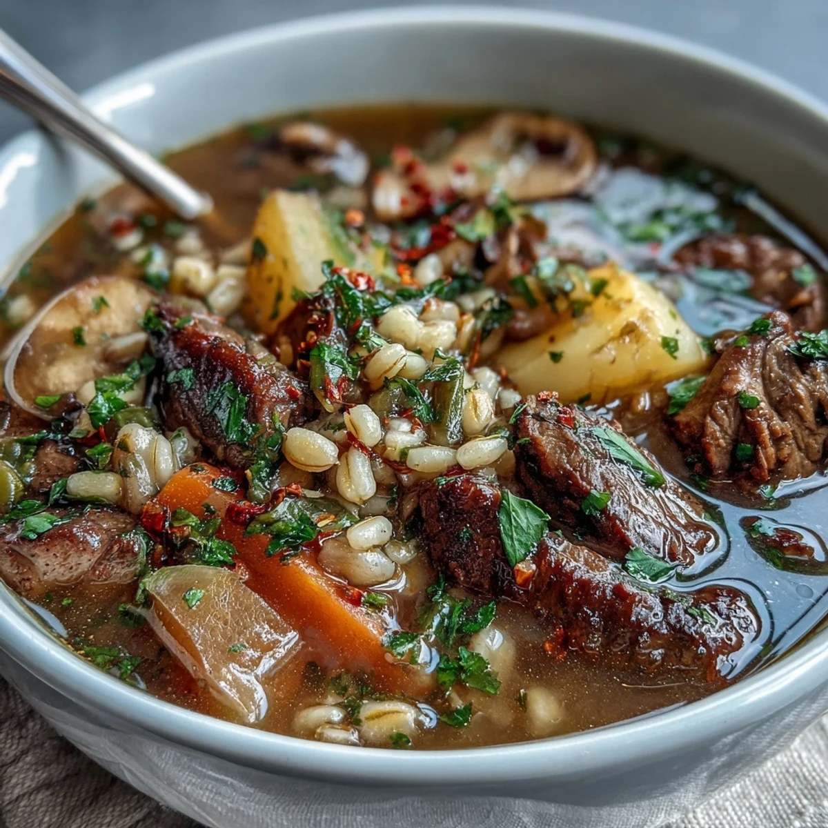 Hearty Vegetable Beef, Barley, and Mushroom Soup simmering in a pot with tender beef and diced potatoes.