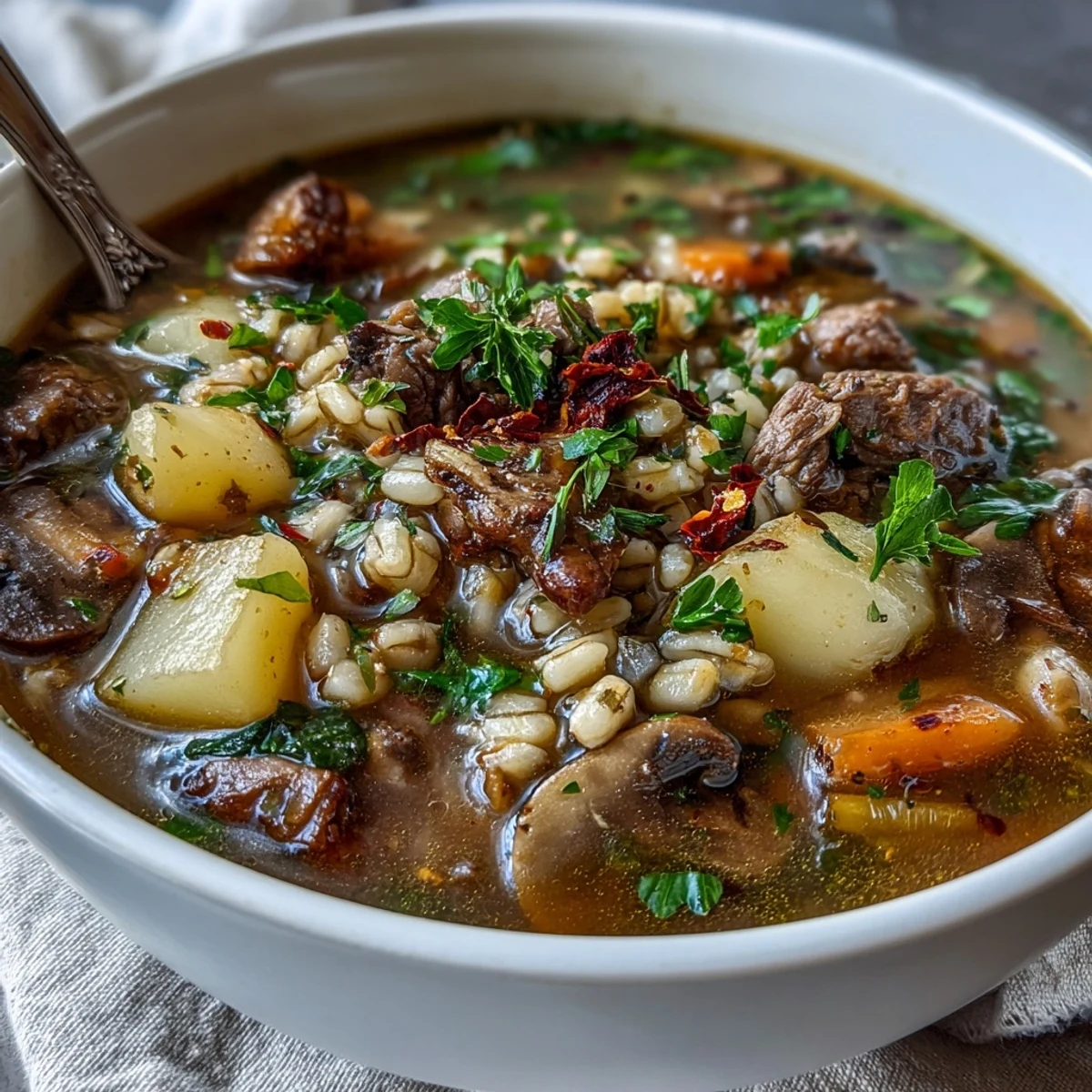 Close-up on the rich Vegetable Beef, Barley, and Mushroom Soup featuring earthy mushrooms and colorful vegetables.