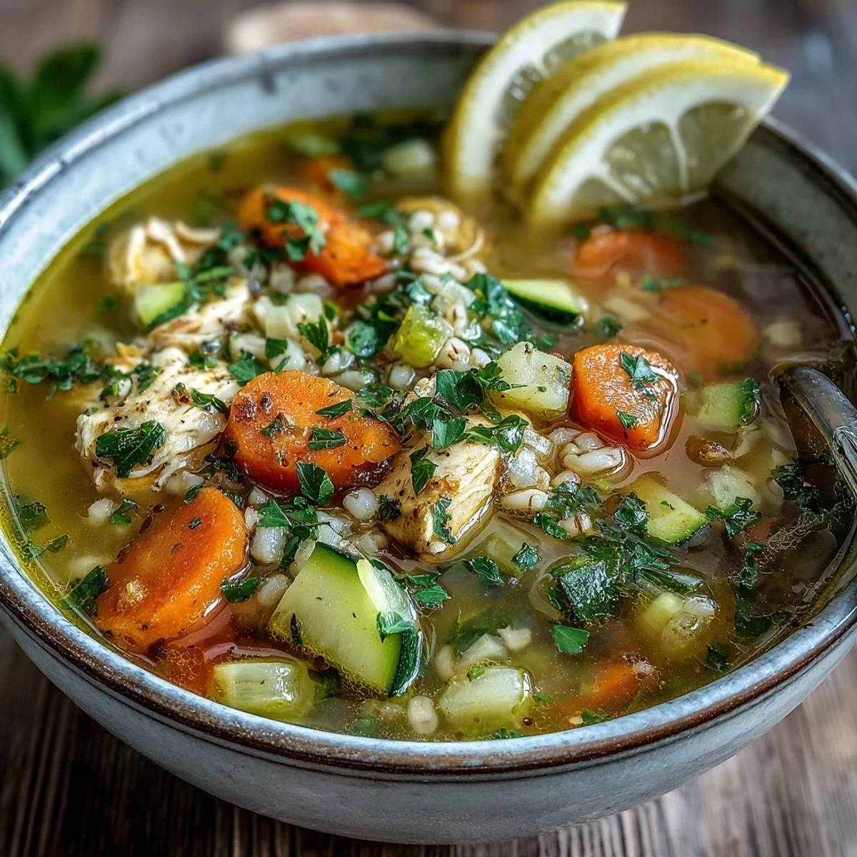 Tender chicken and golden pearl barley swimming in a vibrant turmeric broth with diced carrots and zucchini.