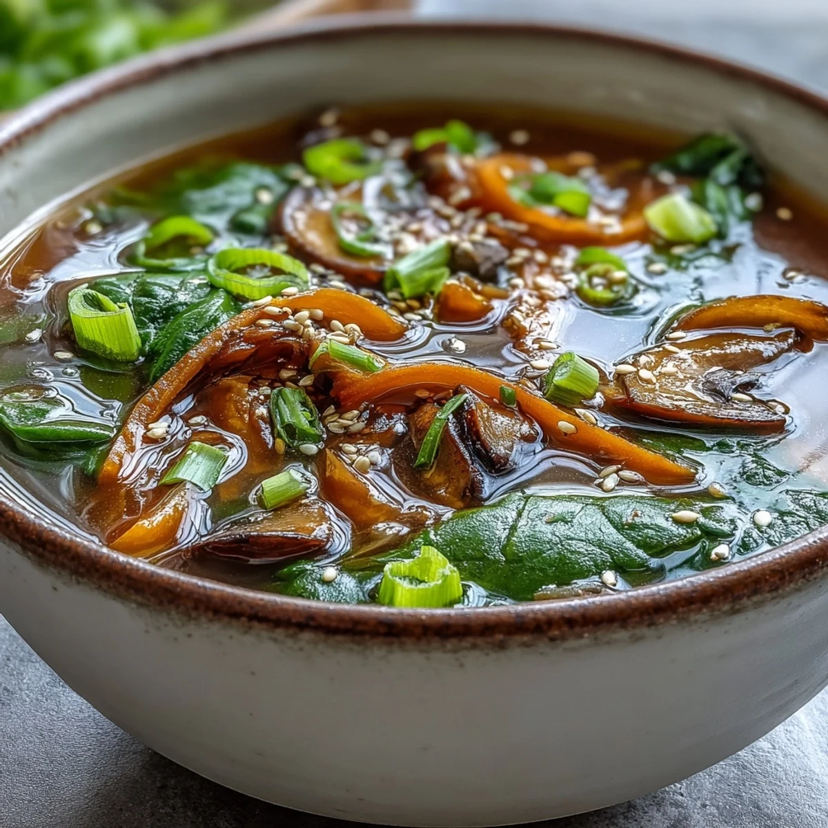 Steaming bowls of Miso Ginger Winter Soup topped with sesame seeds and chili oil.