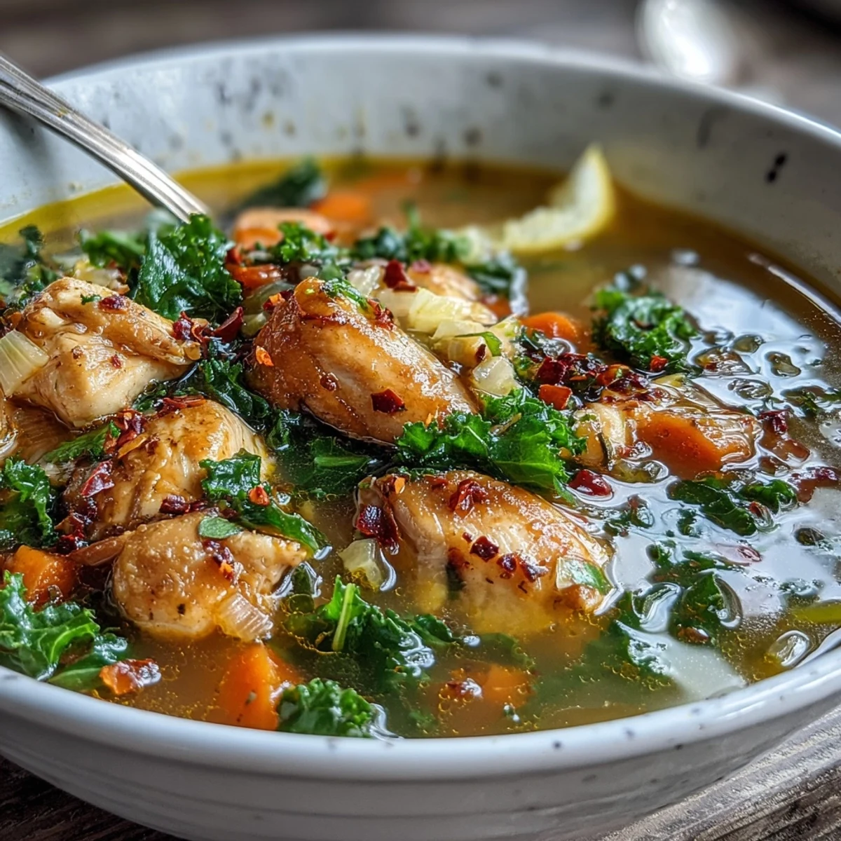 Golden turmeric High Protein Lemon and Turmeric Chicken Soup steams in a bowl with tender chicken and wilted baby kale.