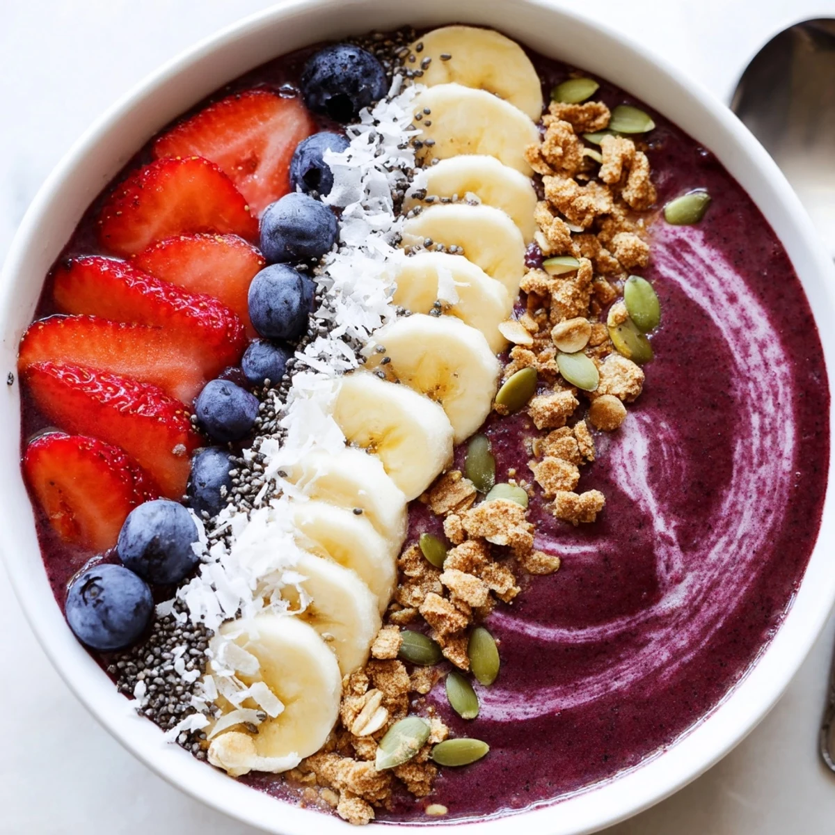 Vibrant acai berry smoothie bowl topped with fresh banana slices, blueberries, and chia seeds, ready to enjoy.