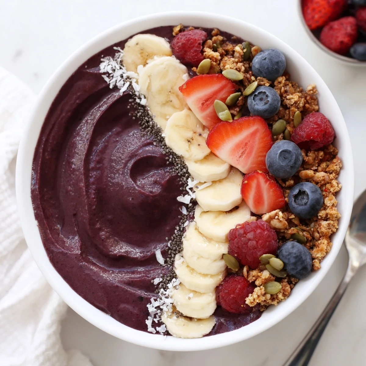 Homemade acai berry smoothie bowl garnished with fresh strawberries, toasted coconut flakes, and a drizzle of almond butter.