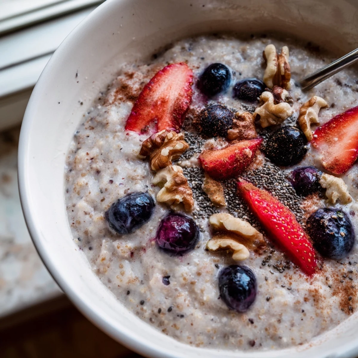 Creamy millet porridge with mixed berries, topped with nuts and seeds, offers a warm, nutritious breakfast.  