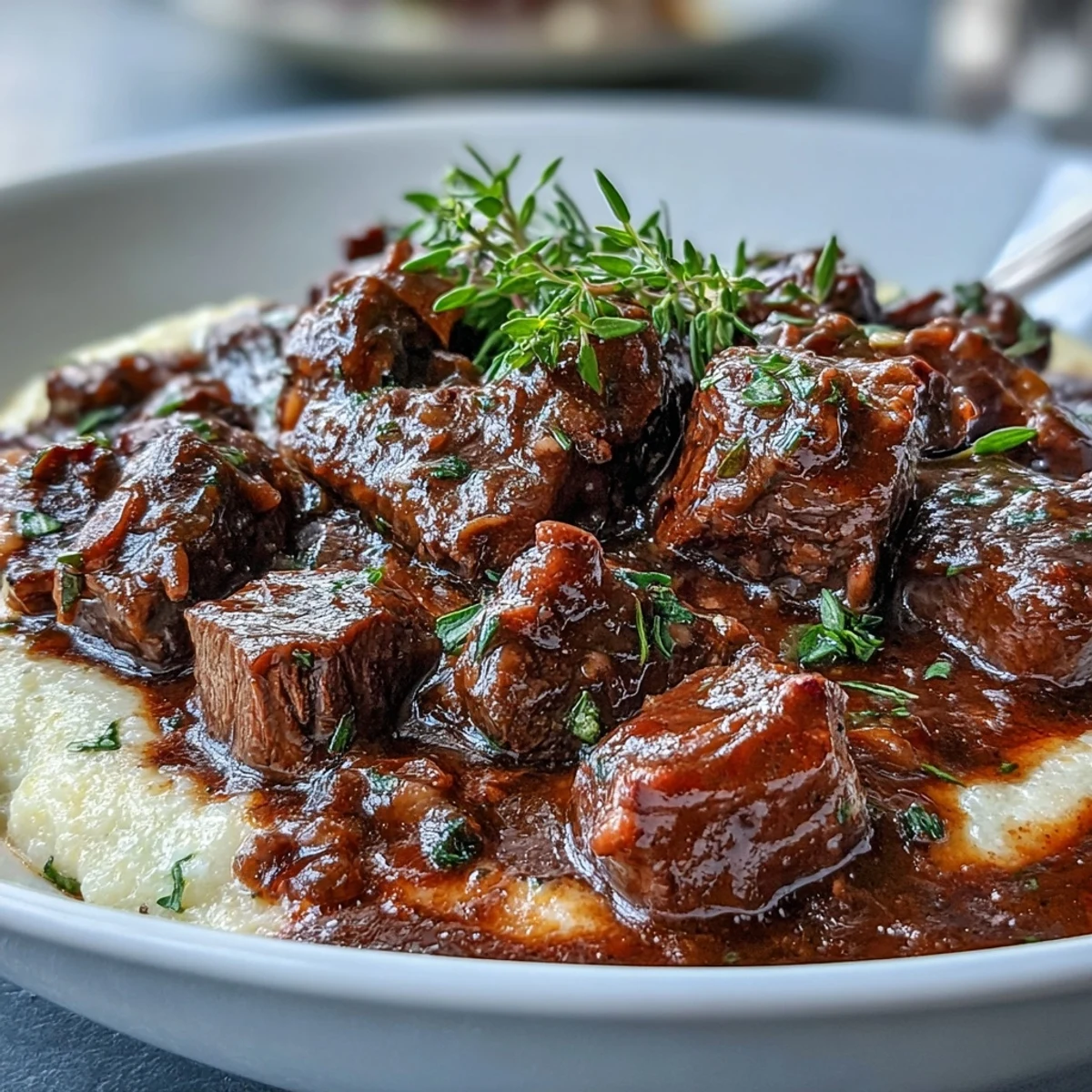 Steam rises from the Venison Stew with Sloe Gin and Polenta as rich gravy coats tender meat.