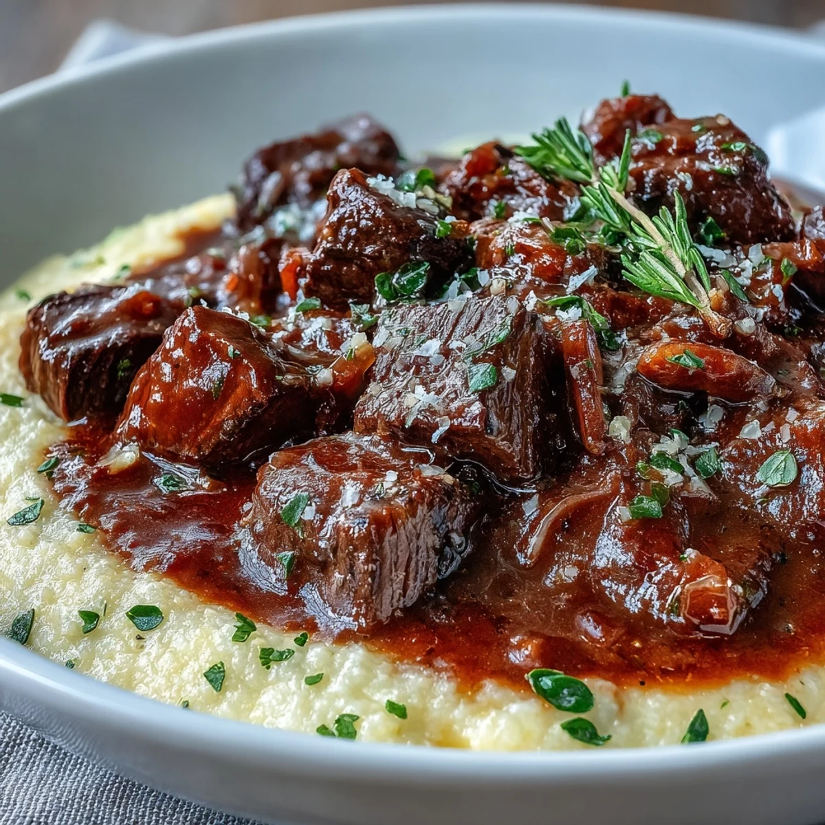 A hearty Venison Stew with Sloe Gin and Polenta steams in a rustic bowl, highlighting tender meat and gravy.