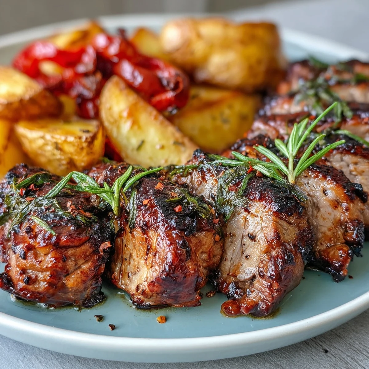 Succulent Ibérico pork fillet with crispy roast potatoes and caramelized red peppers, arranged on a warm serving platter.