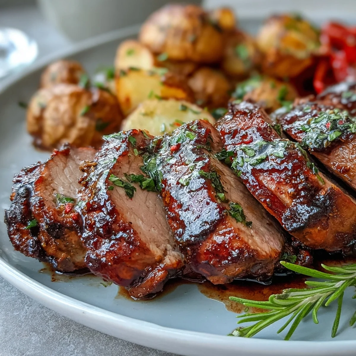Juicy marinated Ibérico pork fillet roasted alongside golden potatoes and sweet red peppers, served sliced on a rustic plate.