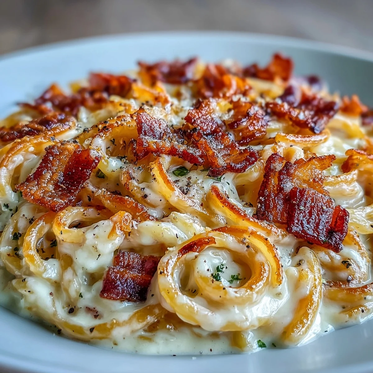 Plated Celeriac Carbonara showcases golden spiralised celeriac noodles coated in creamy egg sauce and topped with crispy pancetta.