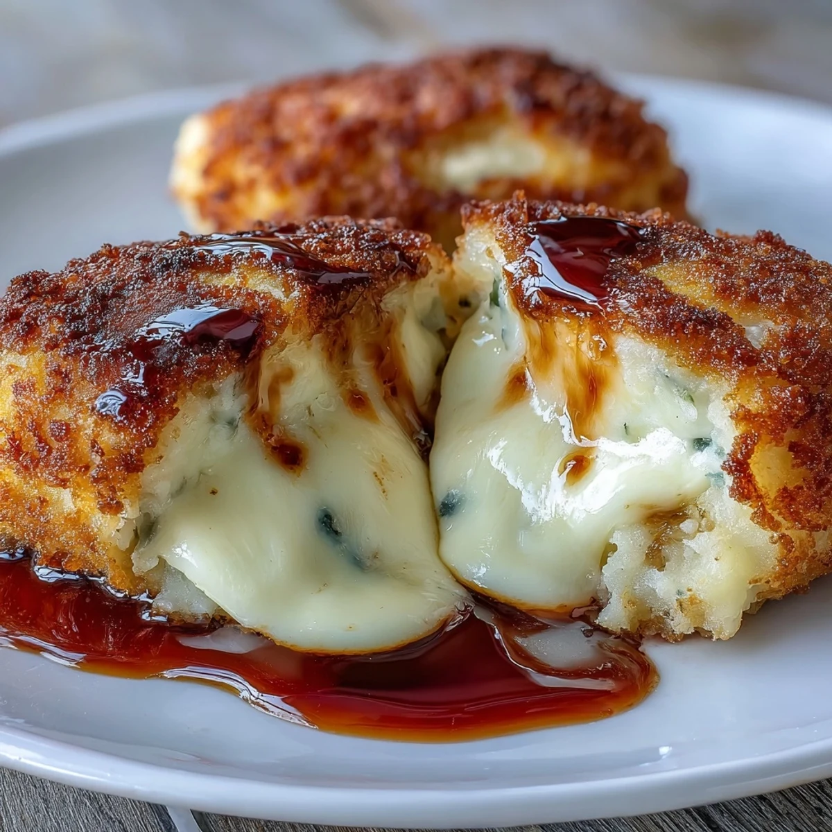 Golden-brown, pan-fried Chīzu Imomochi dumplings coated in a sticky soy-honey glaze, showcasing melted cheese oozing from the potato dough.