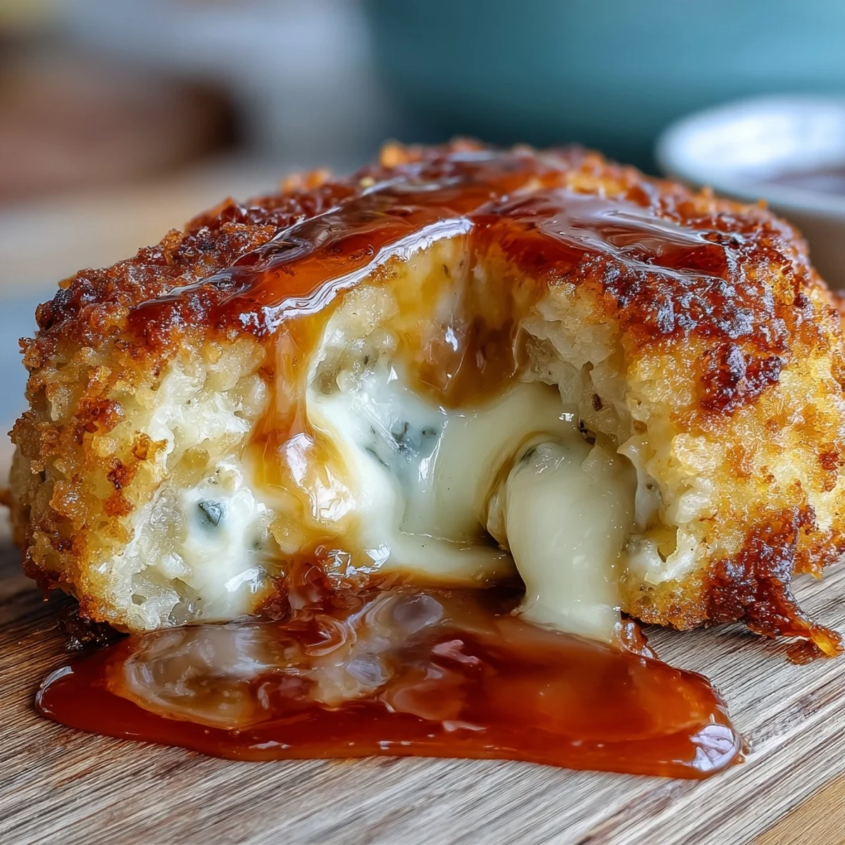 Steam rises from freshly cooked Chīzu Imomochi, highlighting the chewy potato texture and savory mozzarella filling on a rustic wooden board.