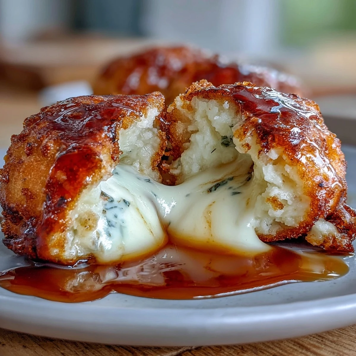 A close-up view of Chīzu Imomochi garnished with sesame seeds, revealing a cross-section of the soft, stretchy cheese center.