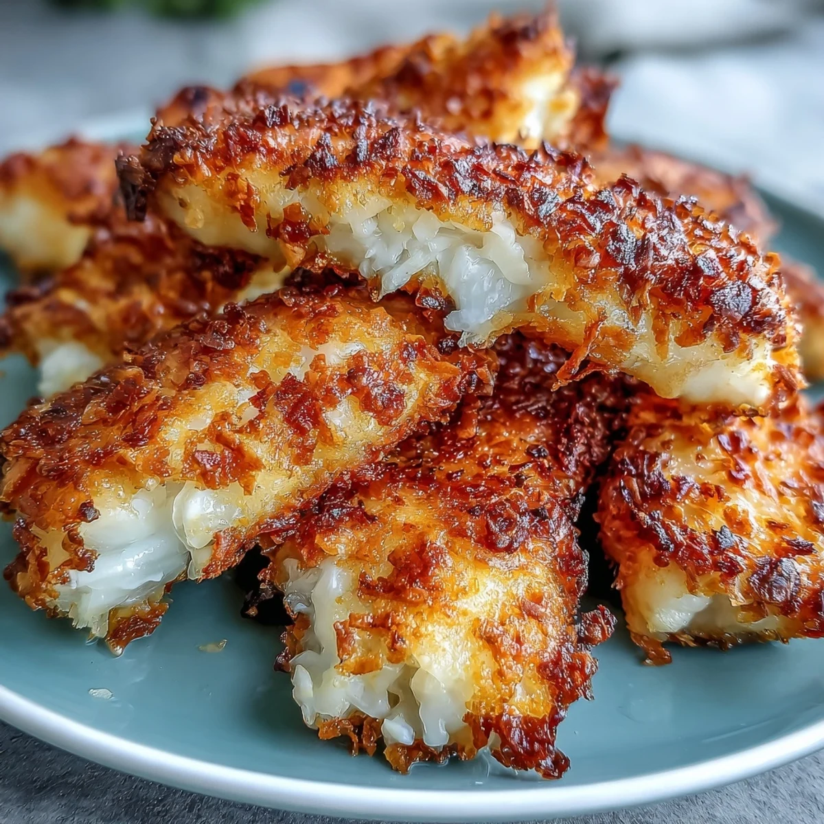 Golden-baked Haddock Goujons With Parmesan Crust, served with bright green pea pesto and lemon wedges on a rustic wooden table.