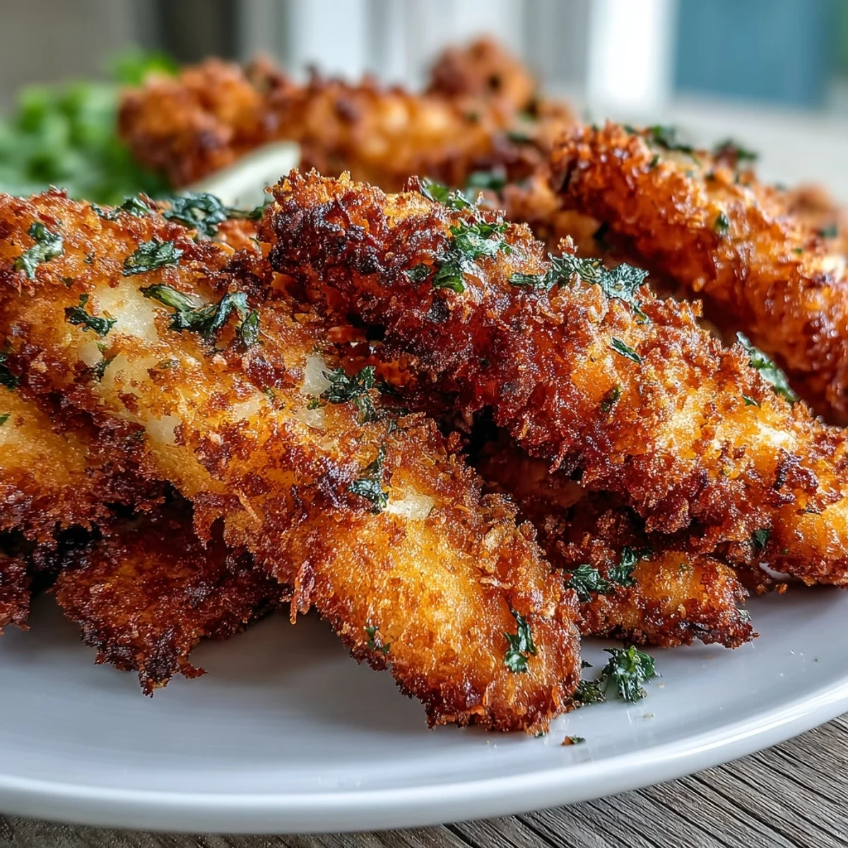 Crisp Haddock Goujons With Parmesan Crust arranged on a platter, accompanied by a bowl of creamy pea pesto for dipping.