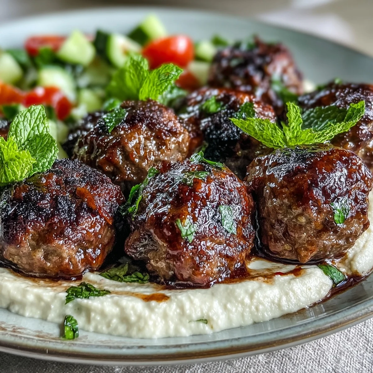Freshly prepared venison meatballs sit beside a crisp spiced salad and smooth hummus, perfect for a healthy, high-protein meal.