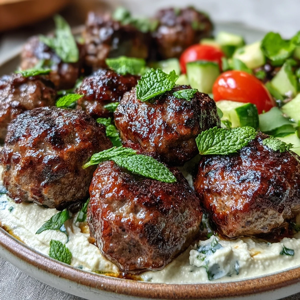 Tender venison meatballs with warming spices, accompanied by a vibrant salad and rich hummus, ideal for a balanced dinner.