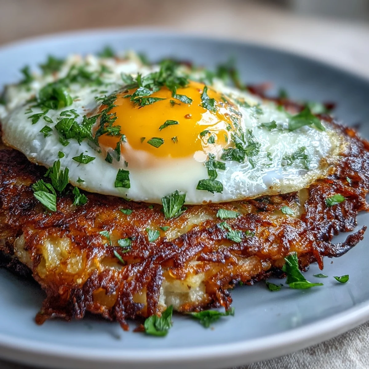 Crispy golden celeriac rösti topped with a fried egg and spicy harissa yogurt, garnished with fresh parsley and lemon wedges on a rustic plate.