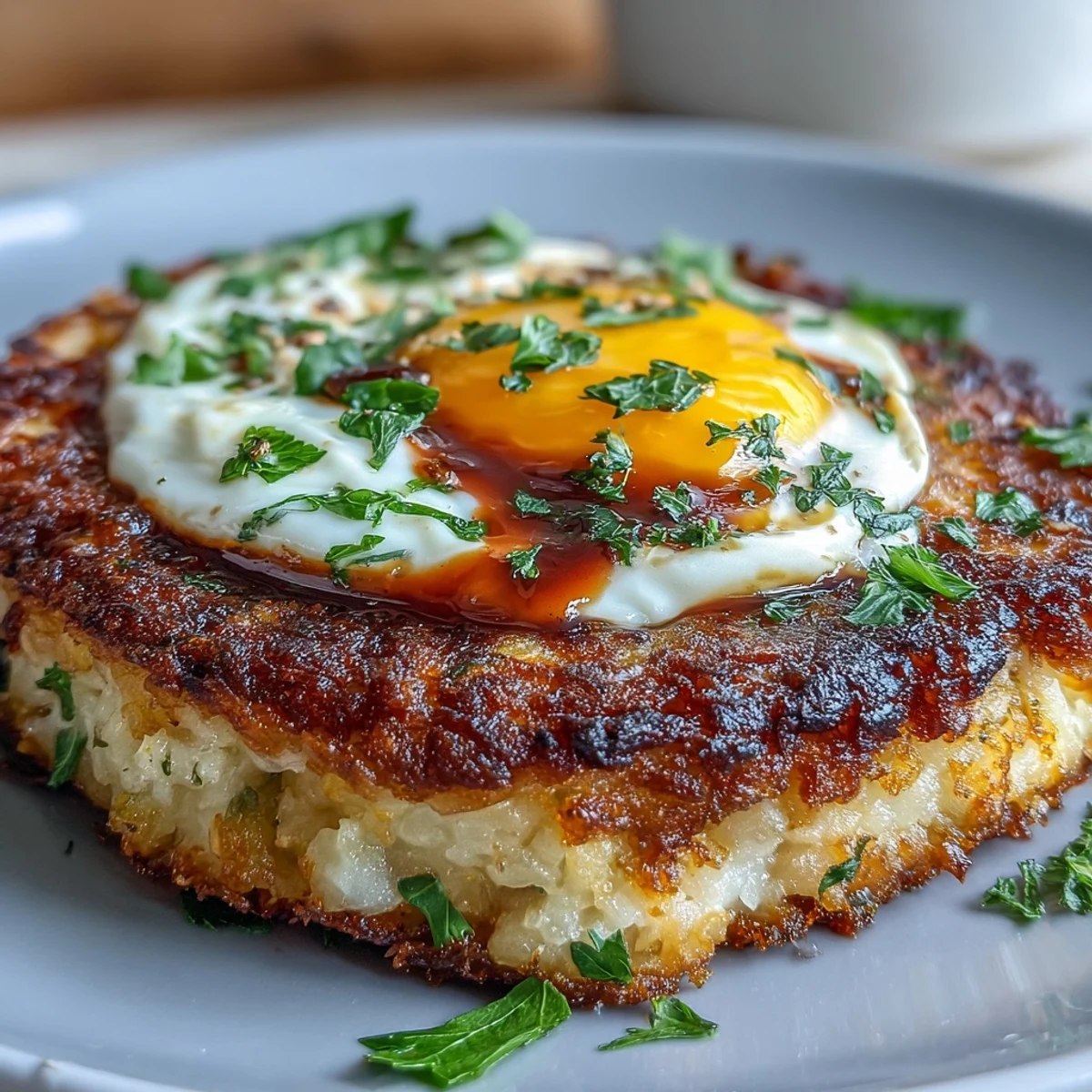 Close-up of a perfectly crispy celeriac rösti with a runny fried egg, vibrant harissa yogurt, and fresh parsley on a dark ceramic dish.