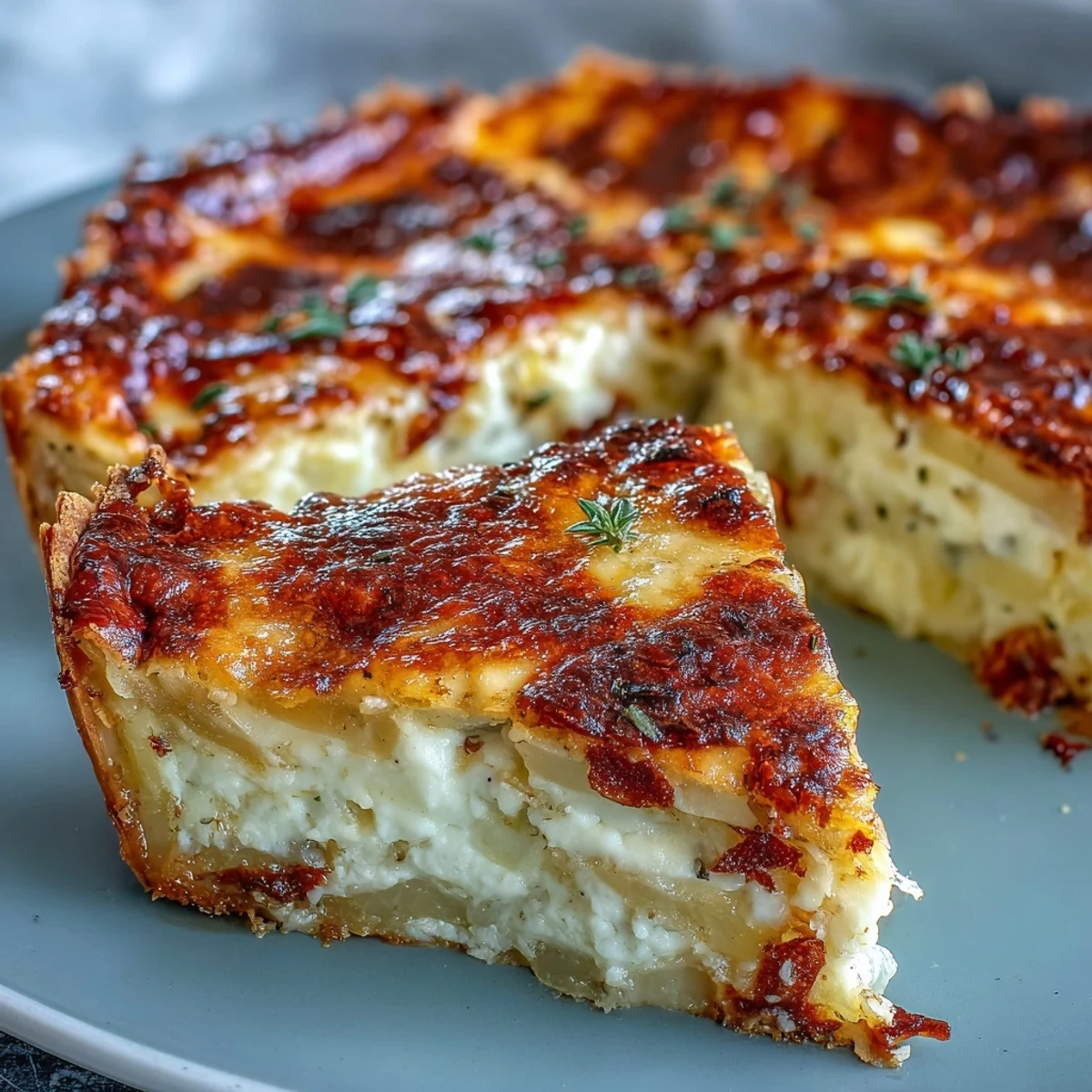 A slice of golden, bubbling Cheese and Potato Pie is served on a white plate, showcasing creamy layers of potatoes and cheese.