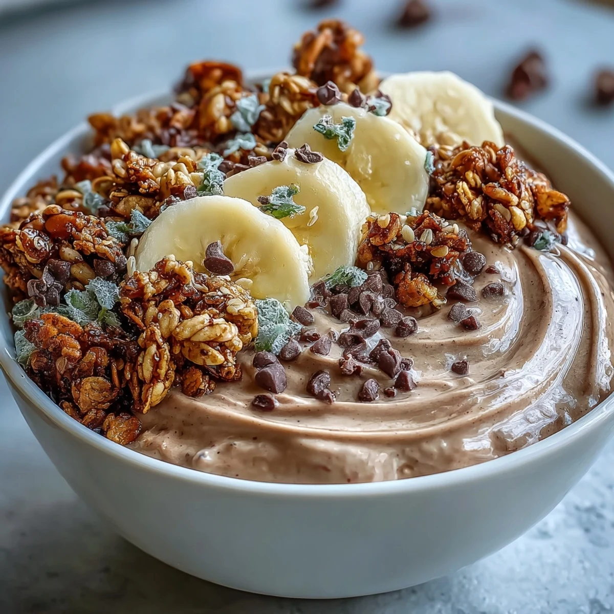 Thick and creamy Chunky Monkey smoothie bowl loaded with fresh banana slices and crunchy granola.