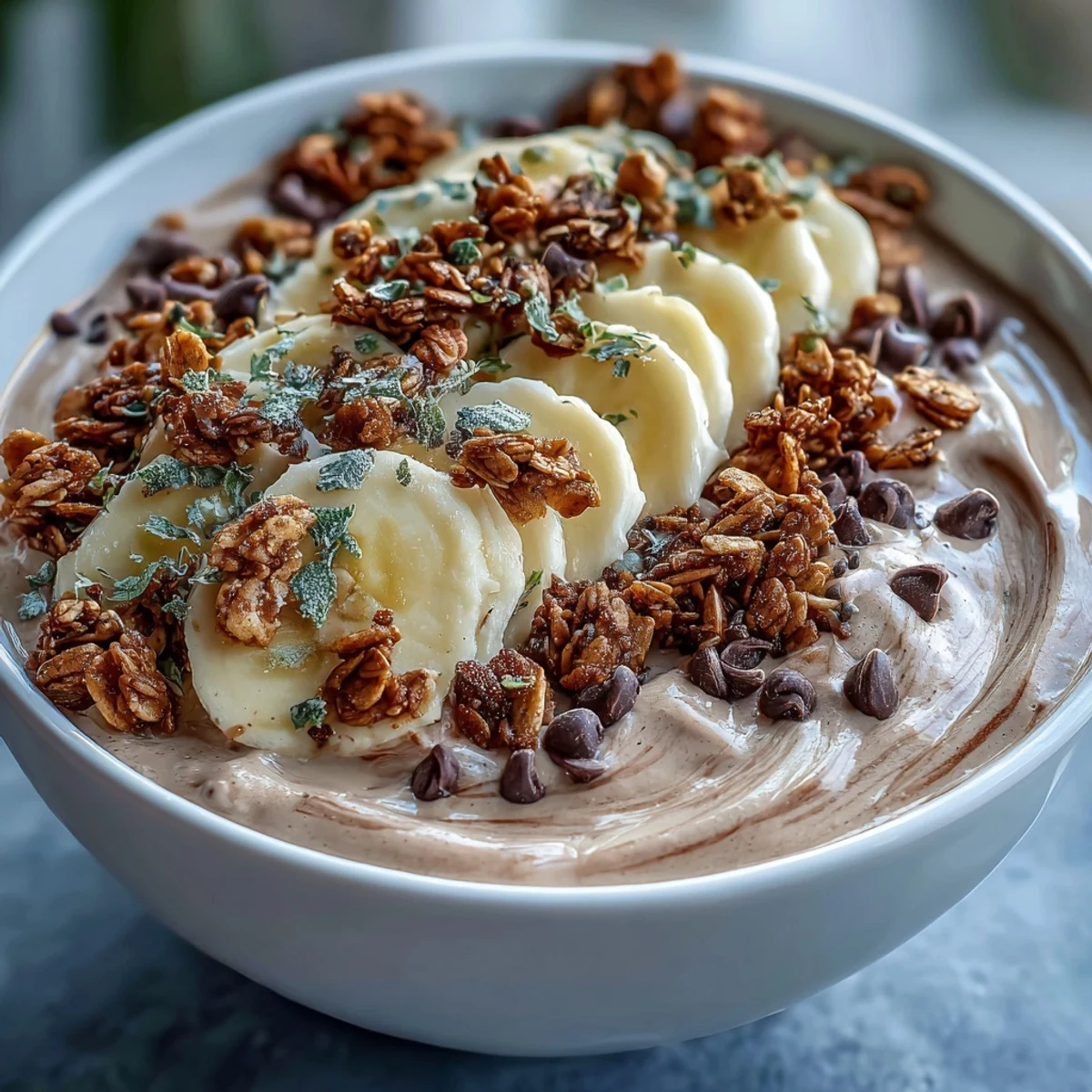 A vibrant Chunky Monkey smoothie bowl topped with cacao nibs and hemp seeds for texture.