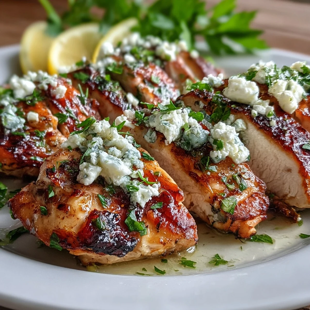 Juicy Greek Chicken with Lemon and Feta cooked golden brown, garnished with fresh parsley and served with lemon wedges.