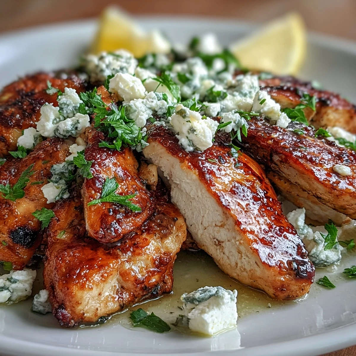 Vibrant Greek Chicken with Lemon and Feta garnished with fresh parsley, paired with lemon wedges for a Mediterranean-inspired meal.