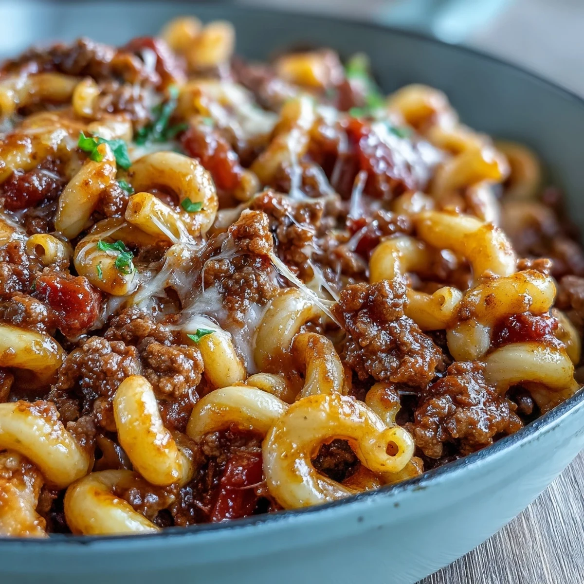 Steaming One-Pan High Protein Chili Mac in a skillet with melted cheddar and smoky spices.