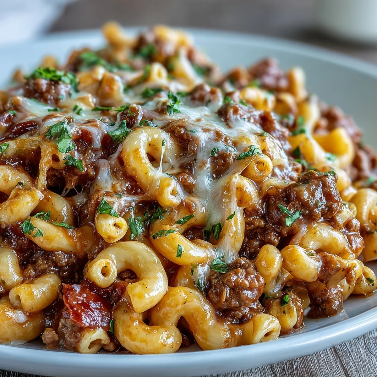 Creamy One-Pan High Protein Chili Mac topped with green onions, sour cream, and tortilla chips.