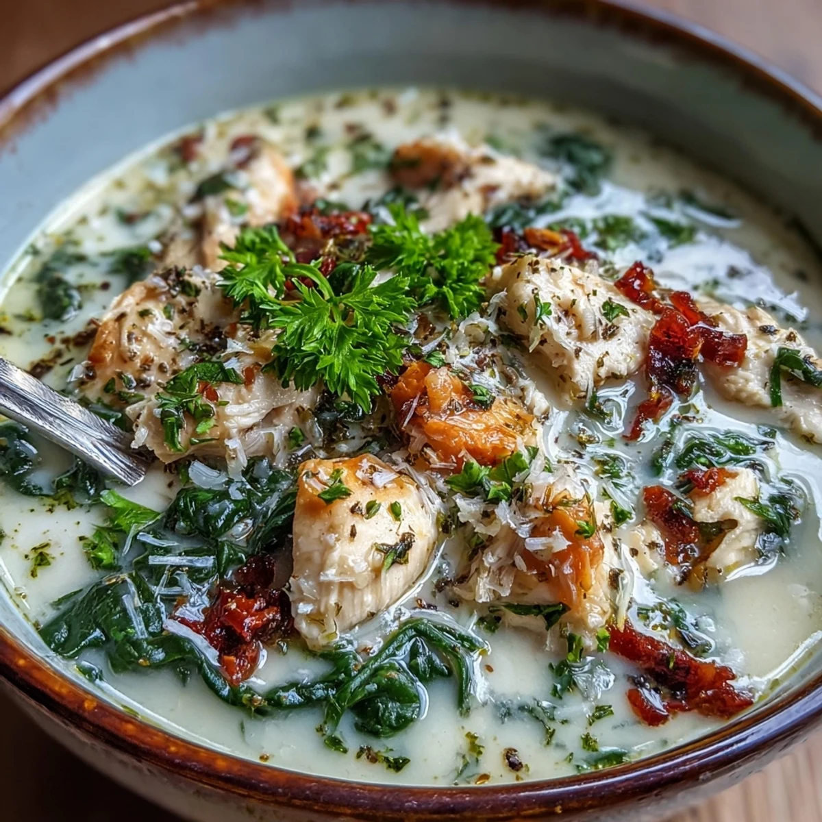 Creamy Garlic Parmesan Chicken Soup in a rustic bowl, topped with fresh parsley and extra grated cheese. 