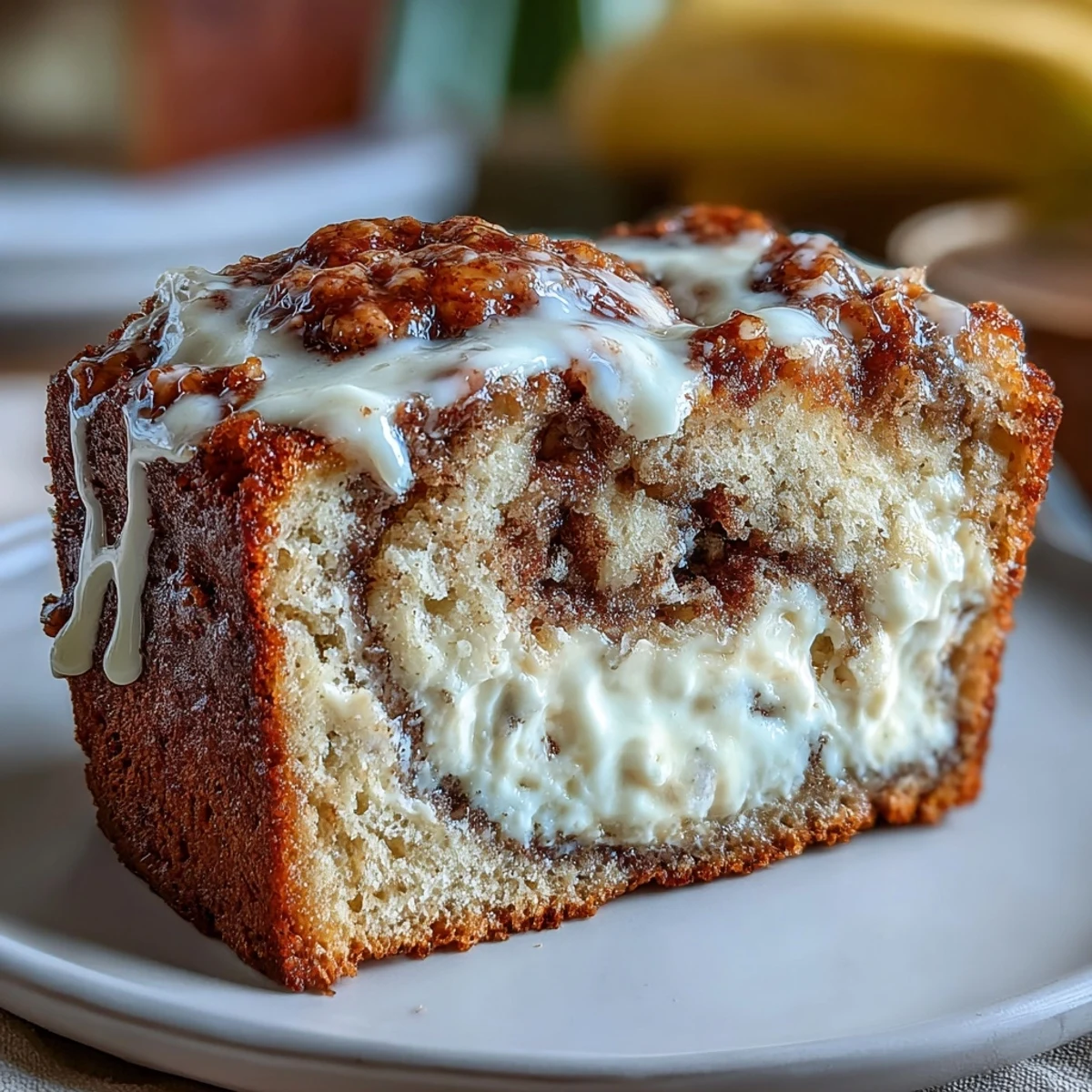 Freshly baked Cream Cheese Cinnamon Swirl Banana Bread rests on a rustic wooden cutting board, revealing a thick, creamy filling and moist crumb. The golden crust is topped with sparkling cinnamon sugar, perfect for a comforting breakfast slice served with hot coffee.
