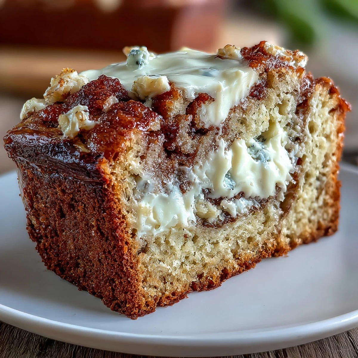 A close-up view highlights a generous slice of Cream Cheese Cinnamon Swirl Banana Bread showcasing the rich white cream cheese layer and ribbons of brown cinnamon sugar. The tender yellow interior and dark loaf pan suggest a moist, homemade dessert ready to be enjoyed warm.