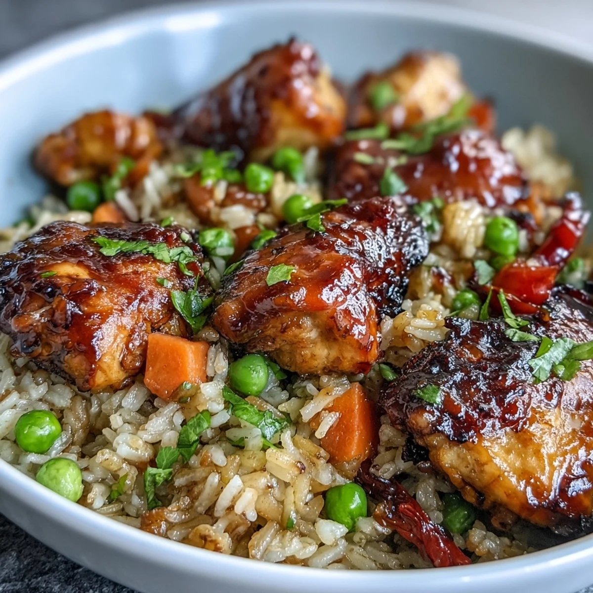 The finished One-Pan Bold Honey BBQ Chicken Rice shows fluffy grains and saucy chicken thighs garnished with fresh cilantro.