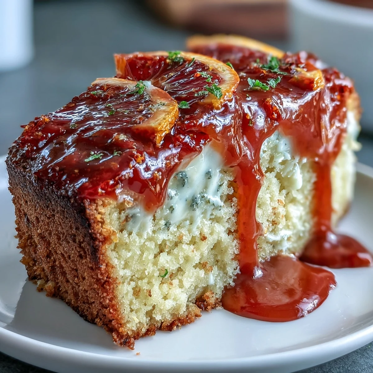 A slice of Heavenly Blood Orange Yogurt Cake shows a moist crumb, drizzled with bright citrus icing on a plate.