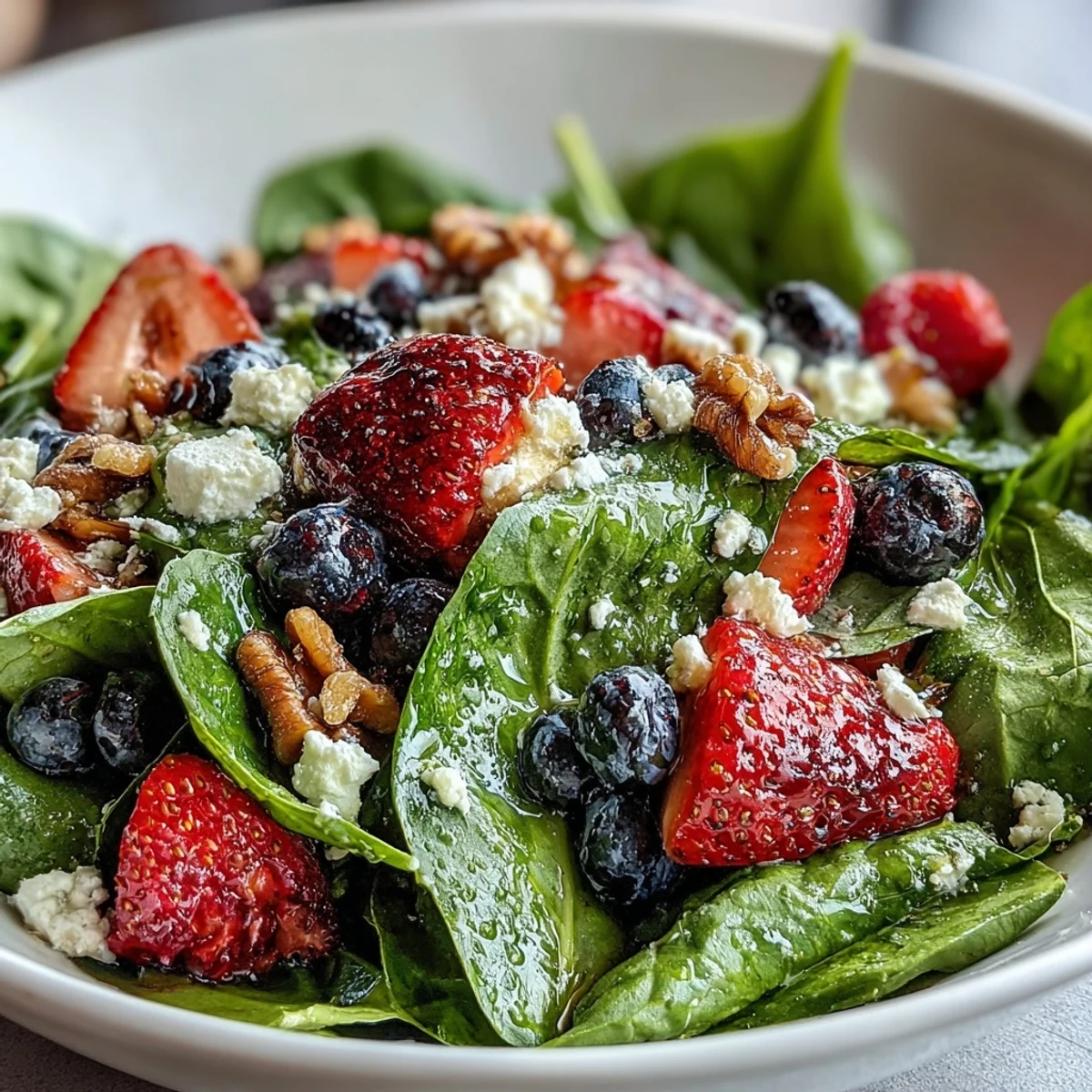Spinach and Berry Salad Bowl showcasing ruby-red strawberries and blueberries, creamy goat cheese crumbles, and toasted pecans, lightly dressed with a honey-Dijon vinaigrette for a bright lunch.