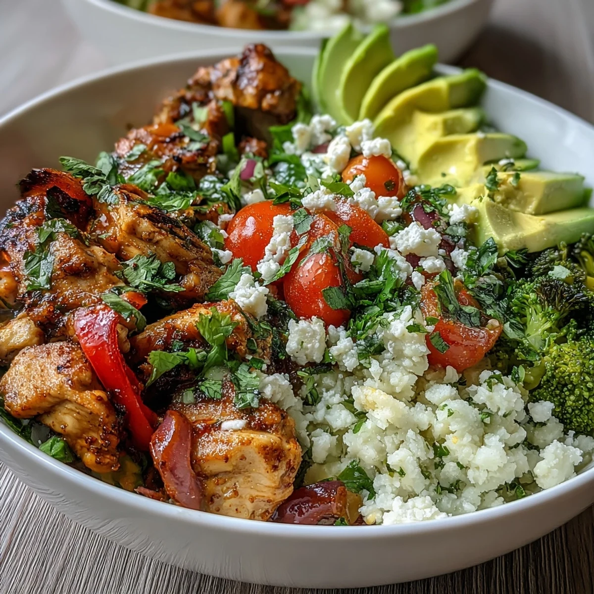 Healthy Cauliflower Rice Bowl featuring seasoned chicken, diced veggies, and herbs, ready for a nutritious weeknight meal.