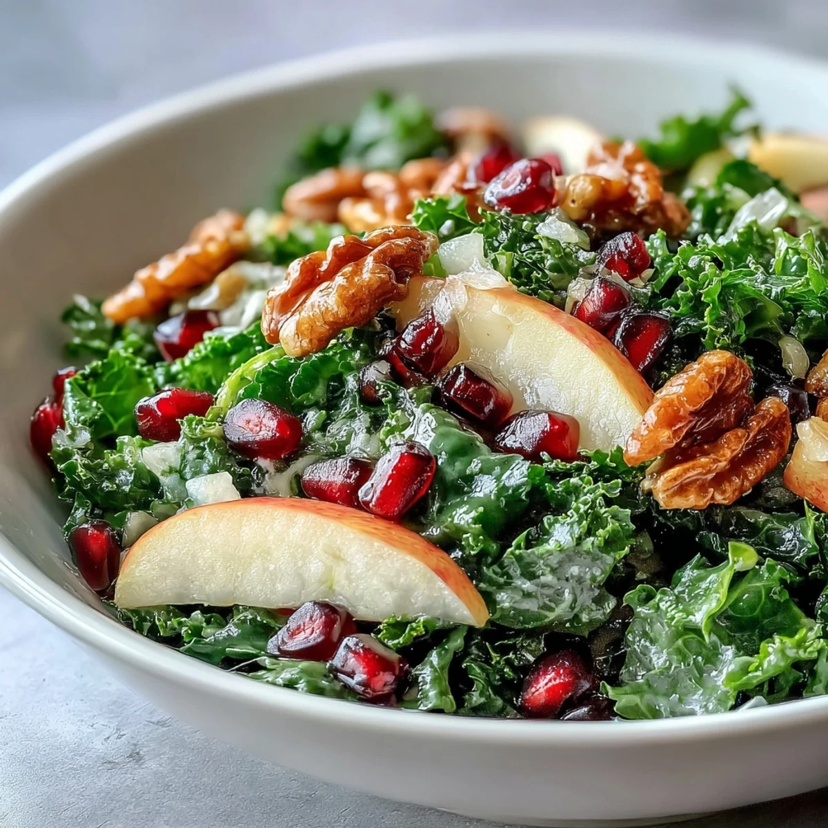 Freshly massaged kale, crisp apple slices, and ruby-red pomegranate seeds tossed in a zesty apple cider vinaigrette.