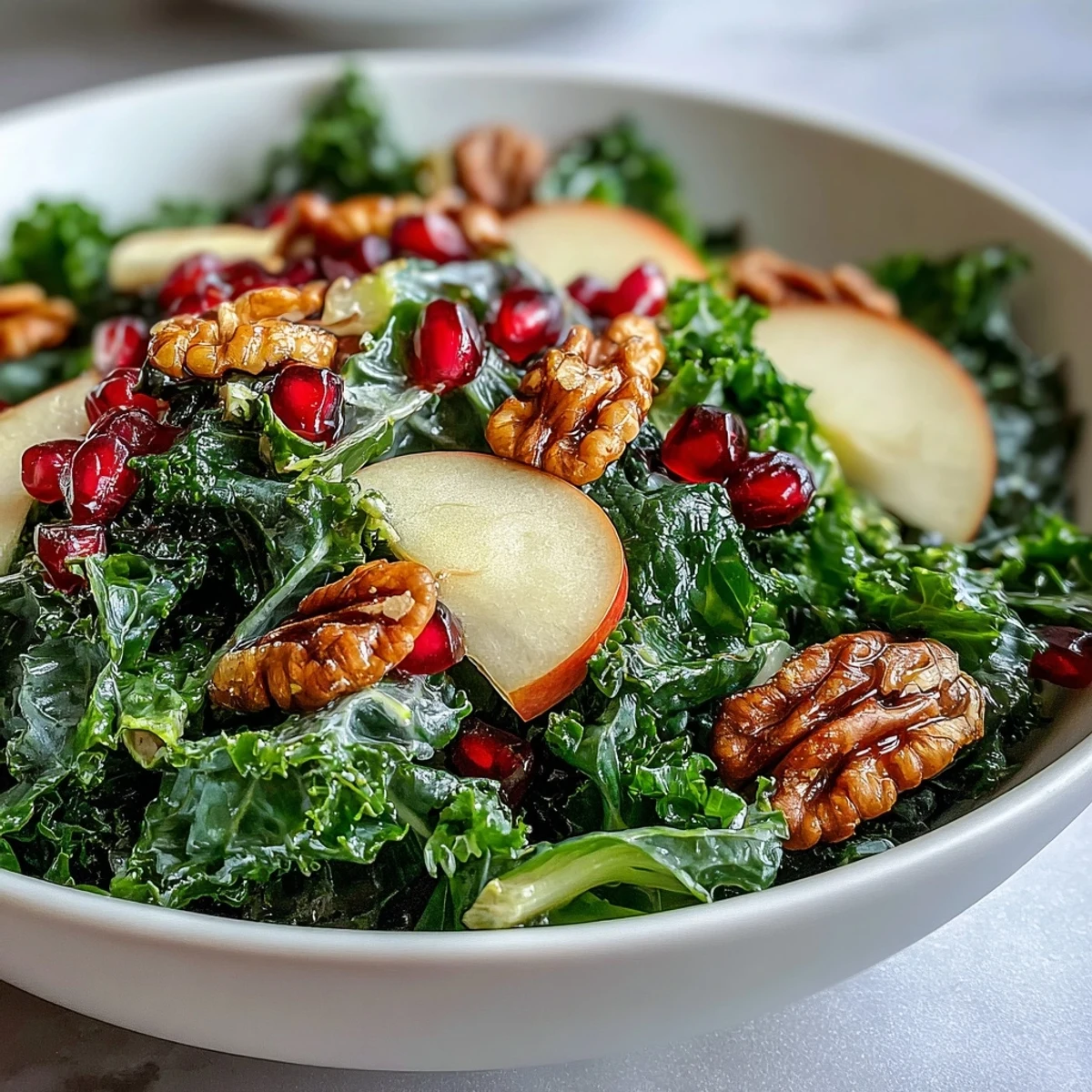 Bright bowl of Kale and Pomegranate Salad topped with crunchy walnuts, perfect for a healthy vegetarian lunch.