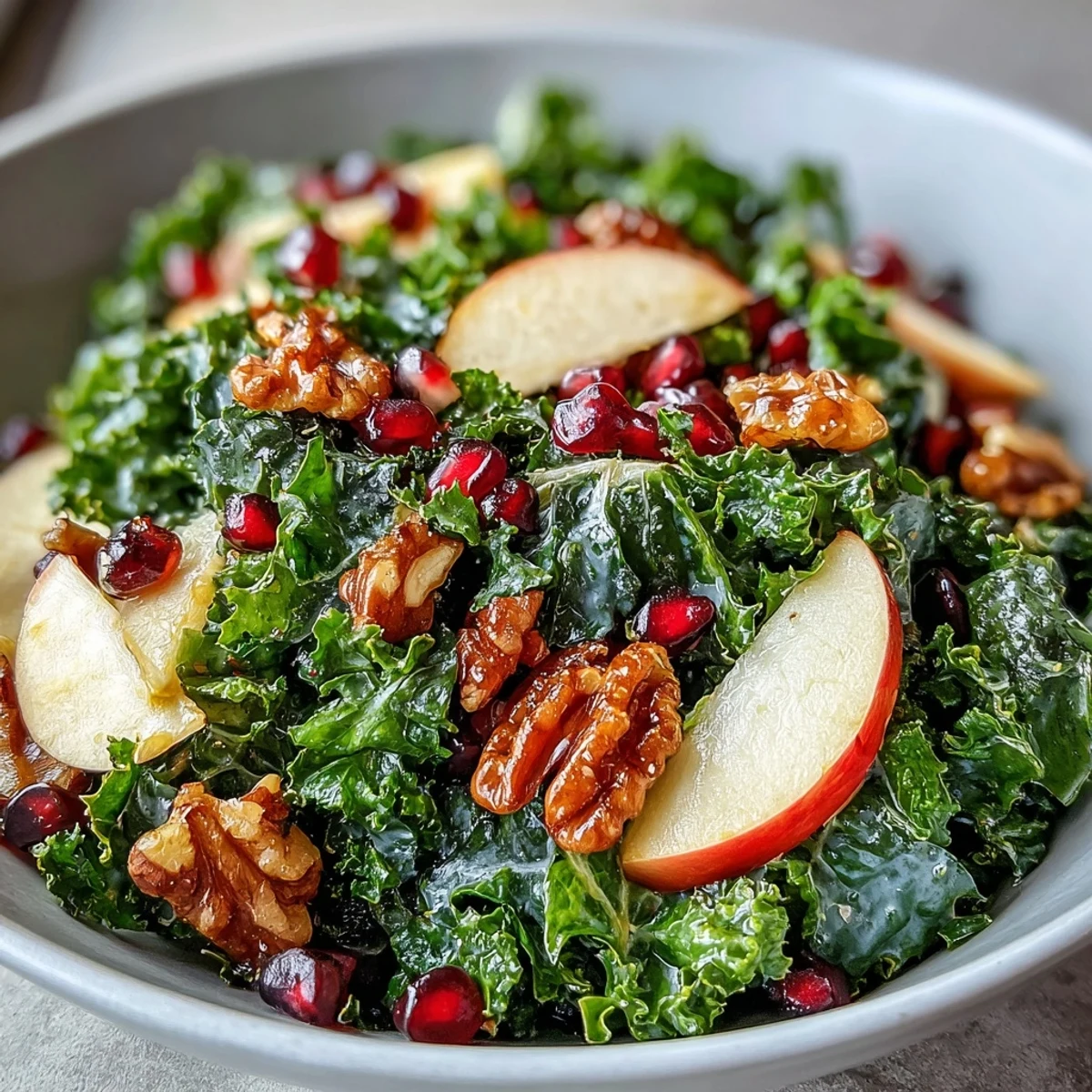 Vibrant kale and pomegranate bowl garnished with chopped walnuts and fresh apple, ready to serve alongside grilled chicken.