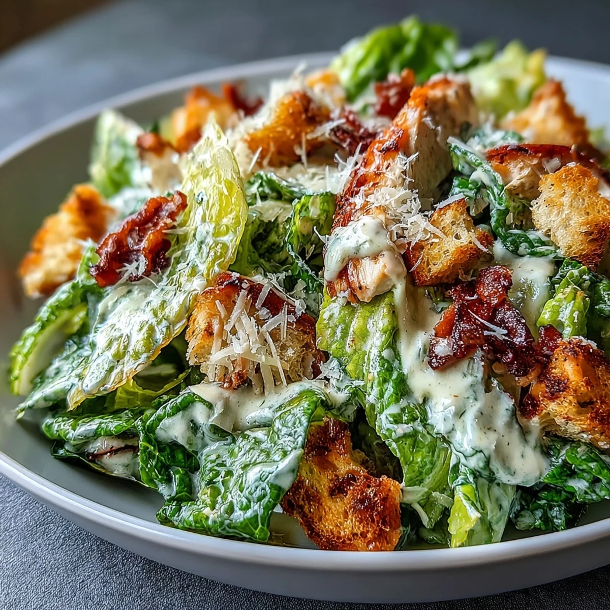 Freshly tossed Romaine Caesar Bowl topped with golden baked croutons and shaved Parmesan, ready to serve.