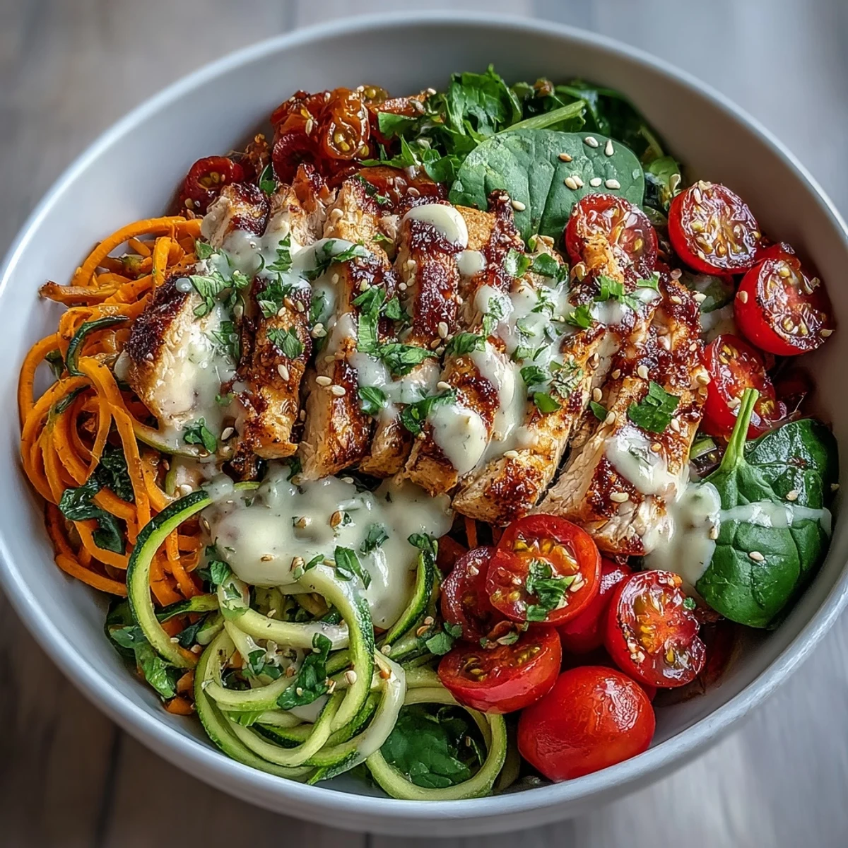 Colorful Spiralized Vegetable Bowl with tender veggie noodles, baby spinach, and sliced grilled chicken, garnished with fresh parsley and ready to enjoy.