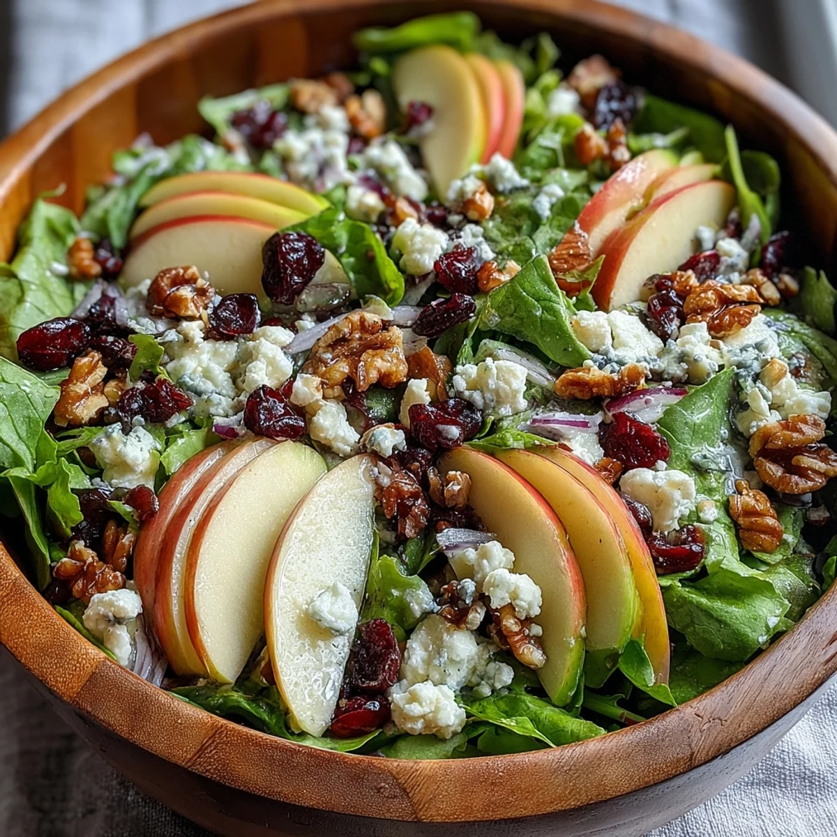 Vibrant Mixed Greens and Apple Bowl topped with creamy goat cheese and crunchy walnuts, drizzled with tangy cider vinaigrette.