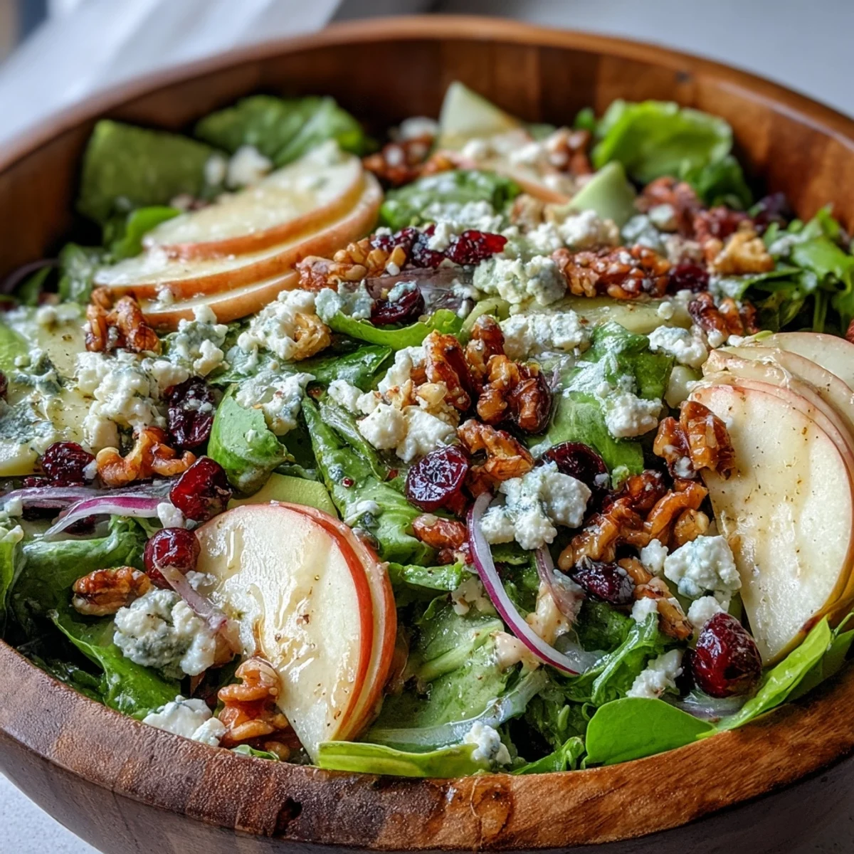 Healthy Mixed Greens and Apple Bowl with crisp apple slices and dried cranberries, tossed in homemade vinaigrette for a refreshing lunch.
