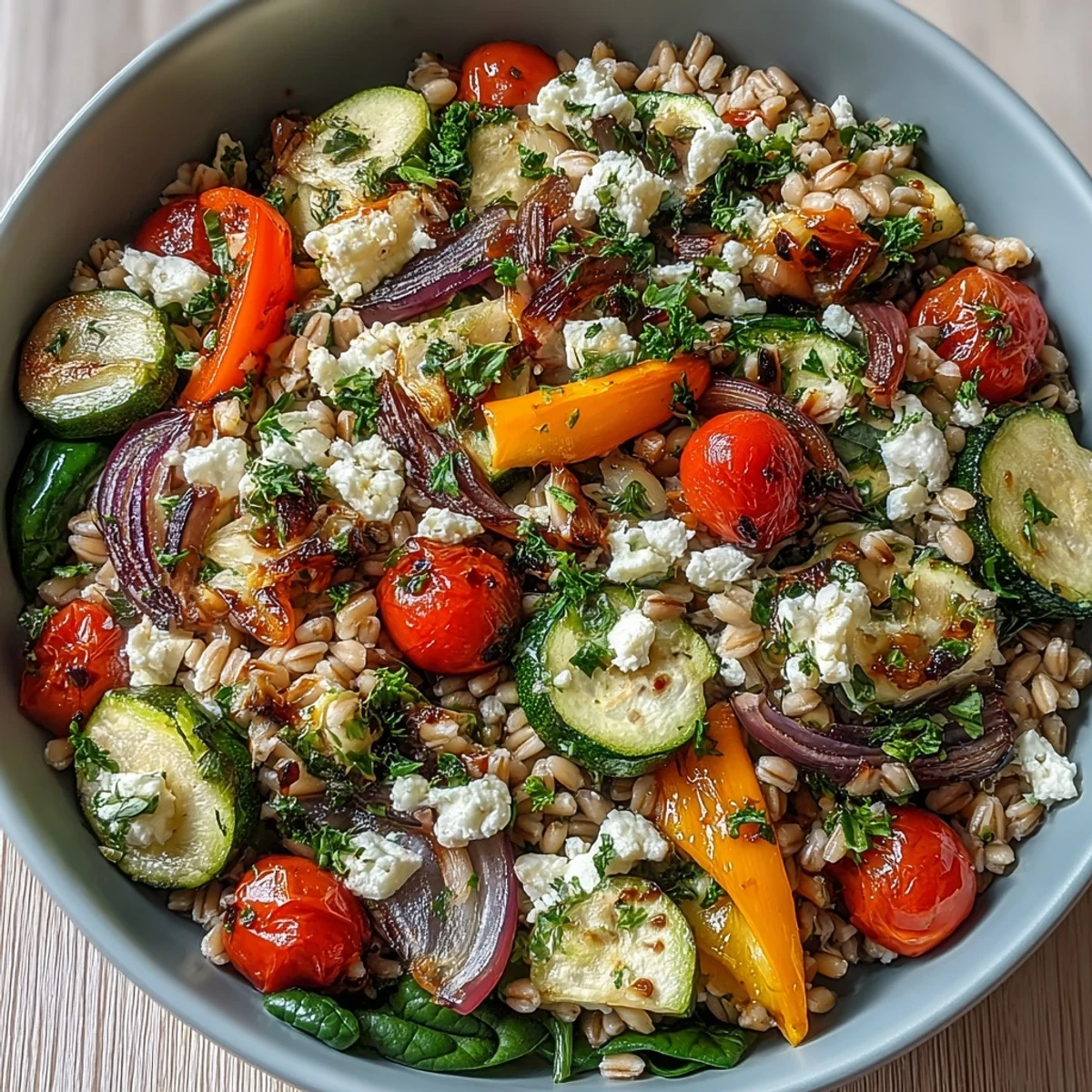 Close-up of a warm Farro Pasta Bowl tossed with zucchini, bell peppers, and cherry tomatoes in a zesty dressing.