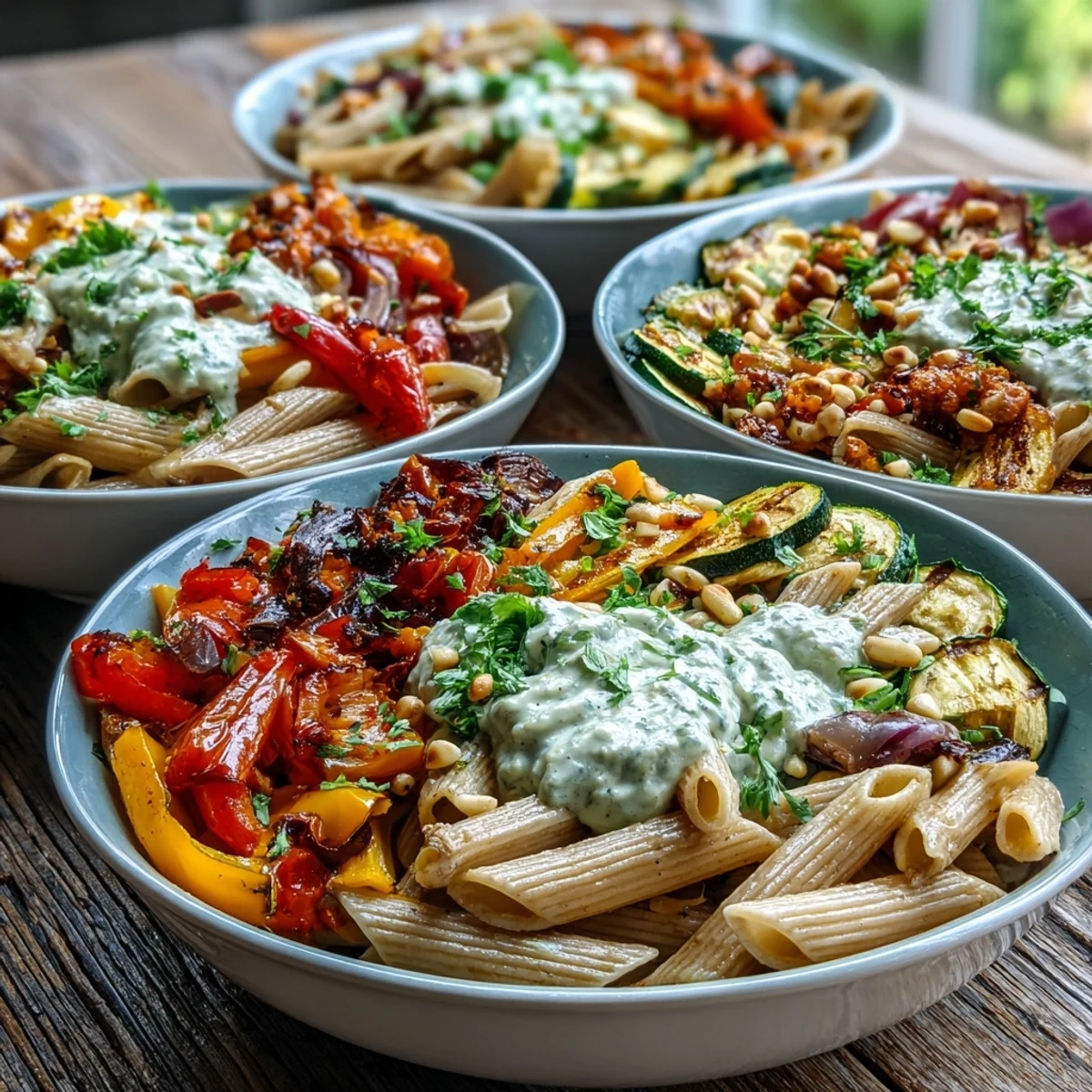 Serving suggestion of Whole Wheat Pasta Bowl in a rustic ceramic bowl, with a fork twisting nutty pasta and tender roasted veggies.