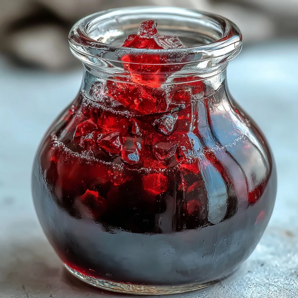 A jar of homemade Blackcurrant Vodka Liqueur infusing with vodka and sugar.