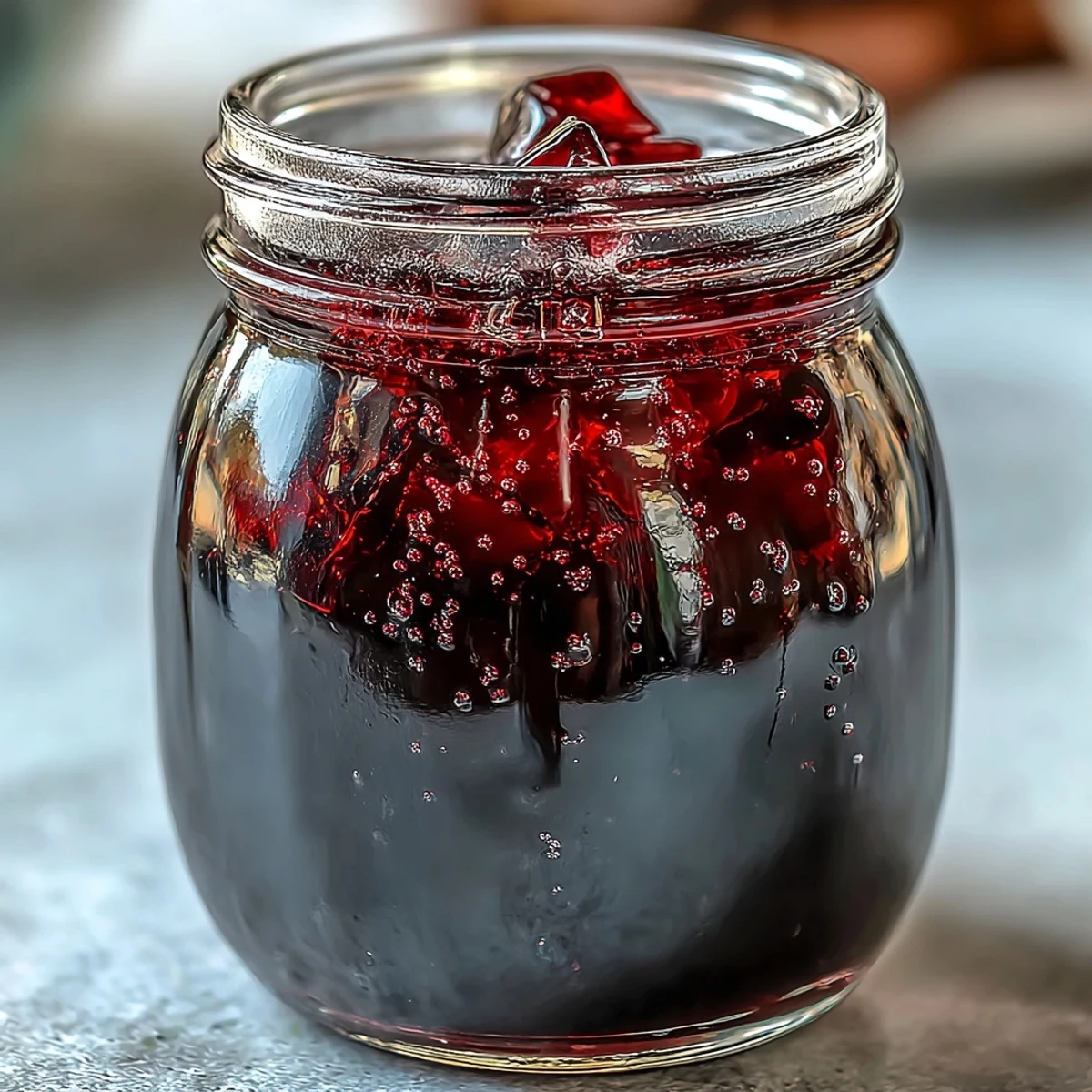 Deep purple Blackcurrant Vodka Liqueur is strained into a sleek glass bottle.
